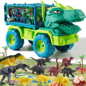 Dinosaur Truck Play Set: Tyrannosaurus Transport Carrier with 10 Dino Figures